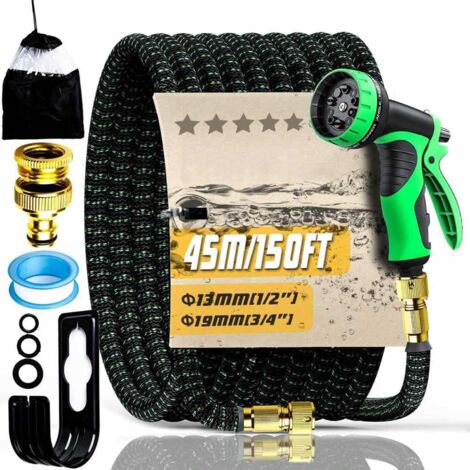Tuyau d'arrosage 45M/150FT, Tuyau Arrosage Extensible avec Connecteurs 1/2" et 3/4", Anti-pliage et Anti-fuite, Buse de Pulvérisation 10 Fonctions pour l'arrosage du Jardin, le Lavage