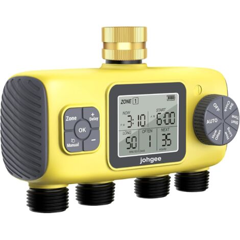 Programmateur Arrosage 4 Voies avec Entrée en Laiton, Minuteur Arrosage Automatique avec Retard de Pluie/Irrigation Manuelle, pour Serre, Pelouse et Jardin