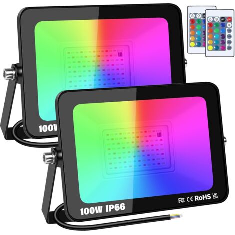 2 Pack 100W RGB Projecteur LED Extérieurs Avec Télécommande, Exterieur & Interieur 16 Couleurs 4 Modes RGBW Lumière de Projecteur, Neon Spot Led Pour Jadin, Terrasse, Patio, IP66 étanche (1/5)