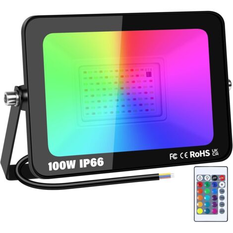 1 Pack 100W RGB Projecteur LED Extérieurs Avec Télécommande, Exterieur & Interieur 16 Couleurs 4 Modes RGBW Lumière de Projecteur, Neon Spot Led Pour Jadin, Terrasse, Patio, IP66 étanche (1/5)