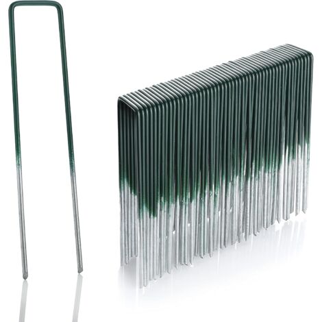 50x Piquets en Acier galvanisé à Chaud pour Gazon synthétique - Hauteur 15 cm  Largeur 2,5cm  Acier 2,9mm - Tête Plate - Vert et Acier (1/5)