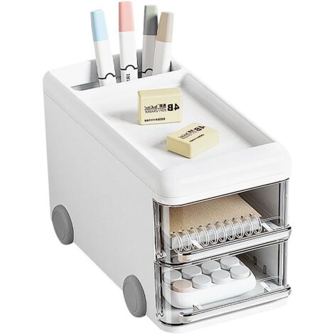 Organiseur de bureau mignon avec tiroirs, rangement de bureau en plastique, organisateur de bureau pour le bureau, l'école et la maison (blanc) (1/5)
