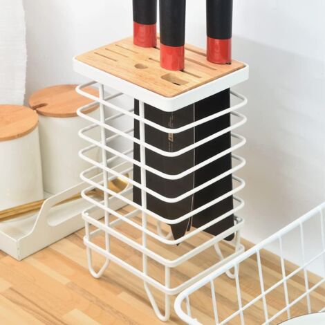 Bloc à couteaux universel, support de rangement pour couteaux de cuisine, 8 emplacements, structure creuse en fil de fer, sécurité garantie - Blanc (1/5)