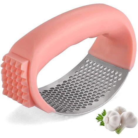 Presse-ail à bascule, 2 en 1 multifonctionnel, broyeur d'ail, hachoir à ail en acier inoxydable, brosse de nettoyage et éplucheur d'orange (rose) (1/5)