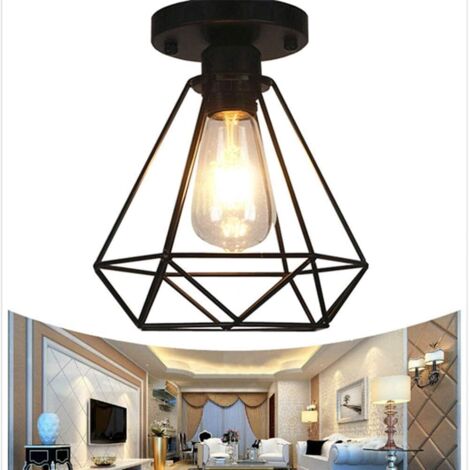 Plafonnier Industrielle Retro, Métal Cage Fer Plafonnier Industriel Noir, E27 Suspension Luminaire pour Entrée, Porche, Couloir, Chambre, Café, Bar, Restaurant (1/5)
