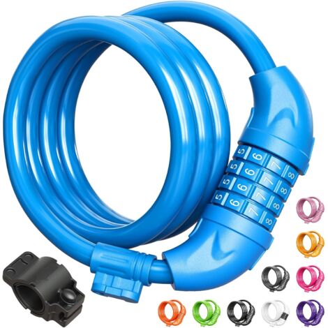Antivol de vélo, câble de 1,2 m (4 pieds), combinaison réinitialisable de 8 mm (1/3 pouce), avec support de fixation - Bleu (1/5)