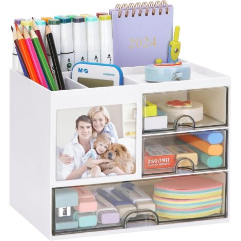 Organiseur de bureau multifonction avec tiroirs, organiseur de rangement pour fournitures de bureau en plastique à 3 tiroirs (blanc) (1/5)