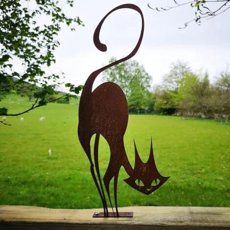 1 Décoration de portail Chat, Effet rouille, Sculpture métal, Fixation murale, Jardin extérieur