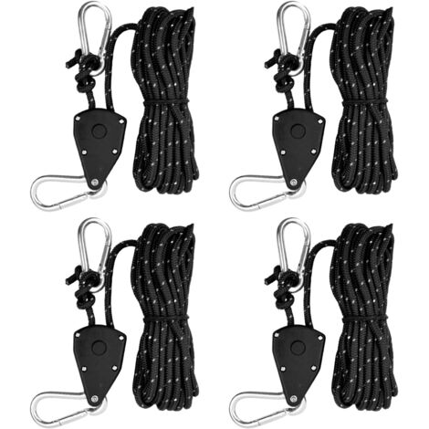 4 Cordes Tente Réfléchissantes, Nylon 6mm x 5m, Tendeurs à Cliquet, Crochets Métal, Camping Randonnée