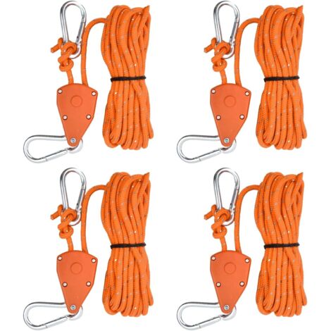 4 Cordes Tente Réfléchissantes, Nylon 6mm x 5m, Tendeurs à Cliquet, Crochets Métal, Camping Randonnée
