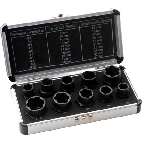 Jeu de douilles spiralées/extracteur de vis  10 mm (3/8")  profil hélicoïdal 9-19 mm  10 pièces (1/4)