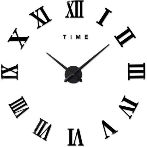 Moderne DIY Grand Pendule Murale Chiffres Romains Big Montre Stickers 3D Horloge Montre Murale Home Office Décoration Amovible (Batterie Non Inclus) Noir (1/4)