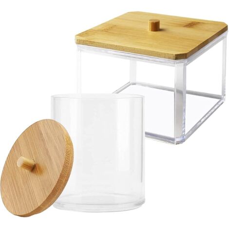 Distributeur rond et carré en acrylique avec couvercle en bambou pour boule de coton, sel de bain (1/5)