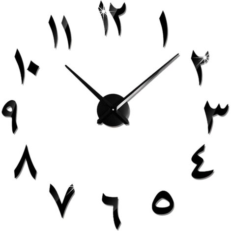 Grande Horloge Murale DIY Silencieuse Moderne Sticker 3D Home Office Decor Cadeau, (Noir) (1/4)