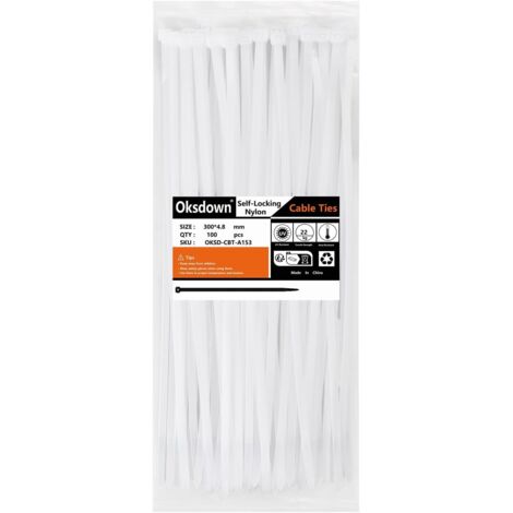 Lot de 100 Collier de Serrage, Nylon 300 mm x 4,8 mm, Blanc, Gestion Câbles, Usage Intérieur Extérieur (1/5)