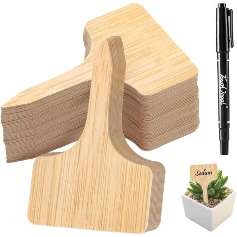 50 Etiquette Jardin, T-Type 6x10 Cm, Bois Naturel,ur Noir, Potager Exterieur (1/5)