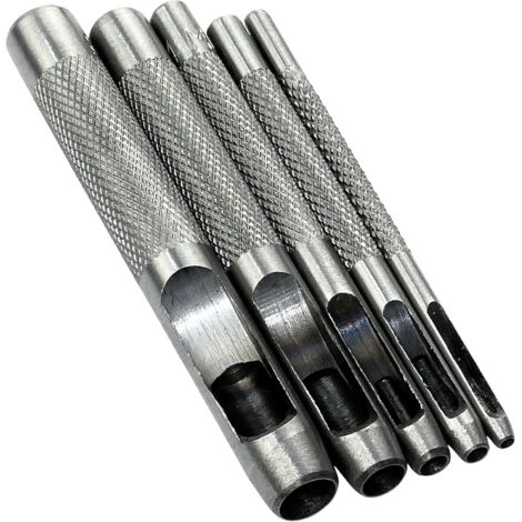 Lot de 5 Outils de Poinçonnage/Outil Perforateur/Perforatrice de 2/3/4/6/8mm - Poinçon Creux pour Faire des Trous - Ceinture/Cuire/Liège/Tissu/Bracelet de Montre - Marteau - Acier (1/5)