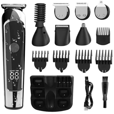 Tondeuse Cheveux Homme Professionnel,6 en 1 Tondeuse Barbe Nez Oreilles Cadeau Homme,Rasoir Electriques Étanche avec Peignes de Guidage et Écran à LED,Kit de Toilettage Tout en 1,Rechargeable USB