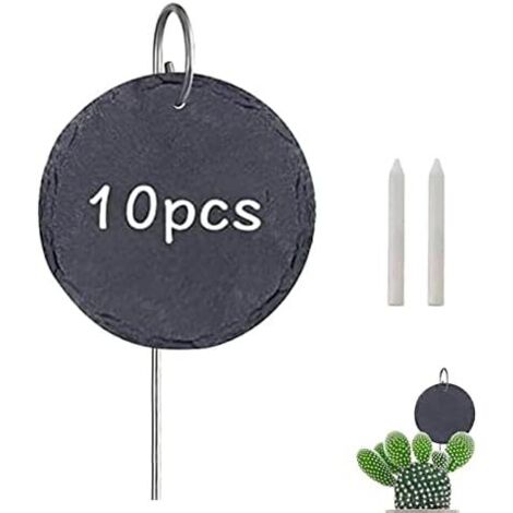 Ensemble de Étiquettes en Ardoise Jardin 10 cm Rond Plantes Potager Semis Exterieur Plantation Réutilisables avec Tiges Acier Inoxydable et 1 Craie pour Cour, L'extérieur, Serre - (1/5)