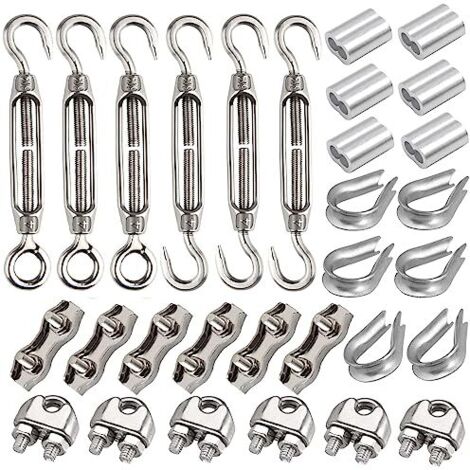 Lot de 30 tendeurs M4 - Avec tendeur en acier inoxydable M4, serre-câble métallique 3 mm inoxydable, cosse et pince sertissage aluminium pour câble tendu