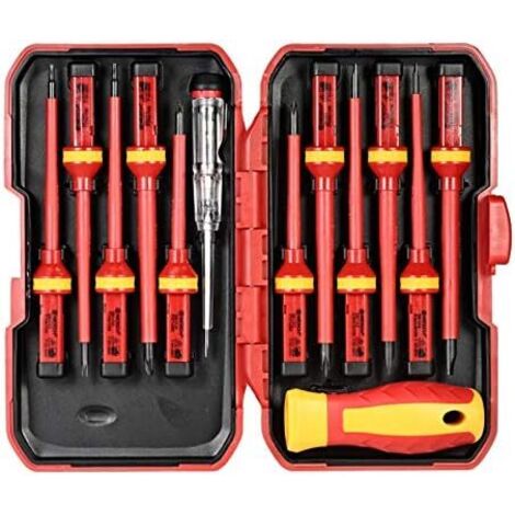 Jeu de tournevis magnétiques, 13 isolés interchangeables 1000V avec embouts magnétiques à fente d'outils réparation pour électriciens - (1/5)