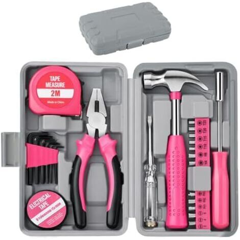 Caisse a Outil Complete Rose, Boite Outils Complete, à Outils, Cadeaux Roses pour Femmes et Hommes, avec marteau, pinces, tournevis, embouts, mètre ruban, etc -