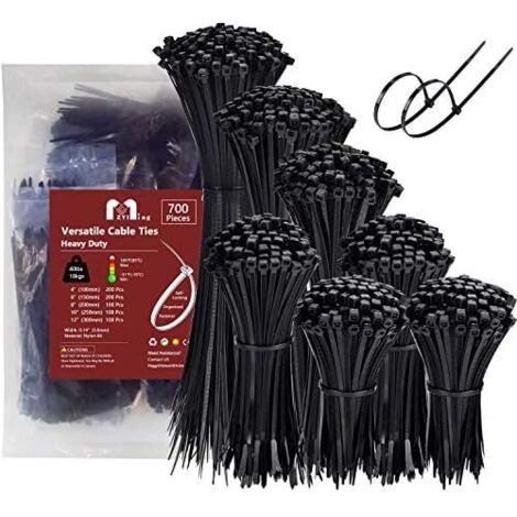 700 Pièces Collier de Serrage Plastique, Rilsan Noir Assortiment Serflex 100/150/200/250/300mm x 3,6mm, Serre Cable Ties Nylon, Attache Câble Zip - (1/5)