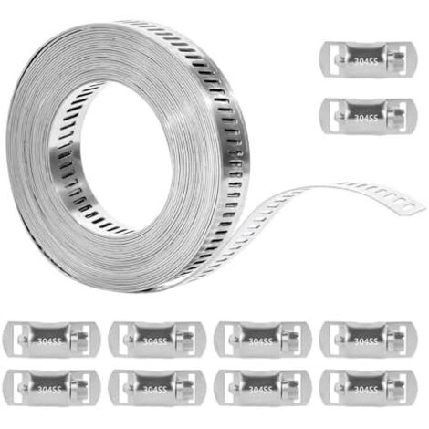 4m Collier de Serrage Inox, Bande Perforée en Métal Réglable, Colliers Acier Inoxydable 304 pour Tuyaux Conduites Eau Gaz Machine à Laver Jardin avec 10 Fixations - (1/5)