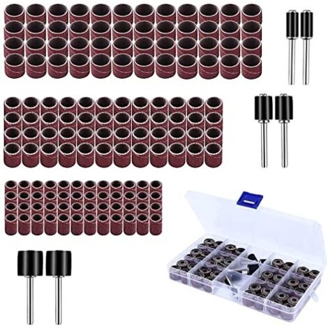 150 Pièces Caoutchouc Tambour de Ponçage avec Boîte Gratuite, Manchons Abrasifs pour Ponceuse, Comprenant 144 Bandes et 6 Mandrin Dremel Outils Rotatifs -