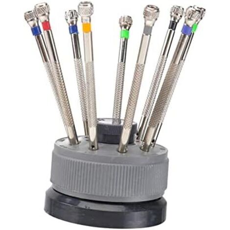 Ensemble D'outils de Réparation Tournevis Plats Précis en Acier Base Rotative, 9 Tailles, pour Horlogers et Électronique, Kit Professionnel Embouts Rechange - (1/5)