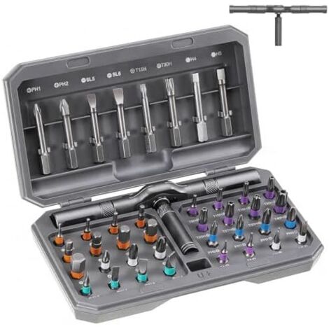 Kit de tournevis à cliquet magnétique 42 en 1 avec 40 embouts acier S2, poignée principale et 3 poignées combinées boîte rangement pour électronique, montres, meubles bricolage - (1/5)