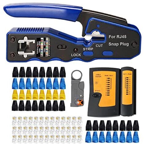 MAYLINE RJ45 Testeur de Network Réseau Câble Kit, Pince à Sertir Fil RJ11 CAT5 CAT6 avec 50 Pièces Ensemble d'Outils Connecteurs Sertissage CAT7 Outillage Ordinateur Cablage données(BLUE) Blue - (1/5)