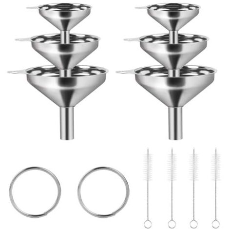 12 PcsEntonnoir Cuisine Inox: 6 Entonnoir Inox Cuisine, 2 Anneaux, 4 Goupillons, Set de Entonnoirs en Acier Inoxydable, Funnels, Métallique pour transvaser liquides, épices et confitures - (1/5)