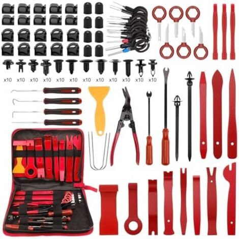 330 Pièces Outils De DéMontage Garnitures Trousse, Outil Demontage Garniture Voiture, avec Ensemble à Pince et Extracteur D’Attaches, pour Voiture Porte Panneau Tableau de Bord, Rouge - (1/5)