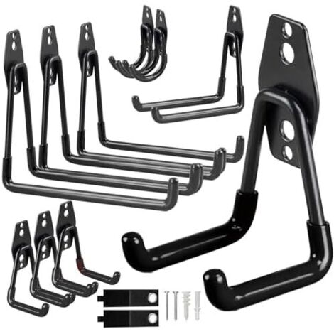 Lot de 12 crochets garage robustes pour rangement mural - Vélos, organisateurs d'outils, abris jardin et transporteurs, muraux en acier outils échelles (Noir) Noir (1/5)