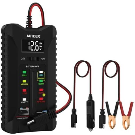 Testeur de Batterie Numérique, Voltmètre 12V/24V pour Voiture & Moto, Analyseur du Système Charge d'Alternateur avec Affichage LCD Indicateurs LED, Deux Modes Test Noir - (1/5)