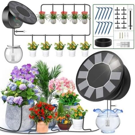 Arrosage Goutte à Énergie Solaire, 2025 Nouveau Couvercle Rond Kit Automatique pour Intérieur et Exterieur Balcon Jardin Plante, Programmateur avec 10M Tuyau -