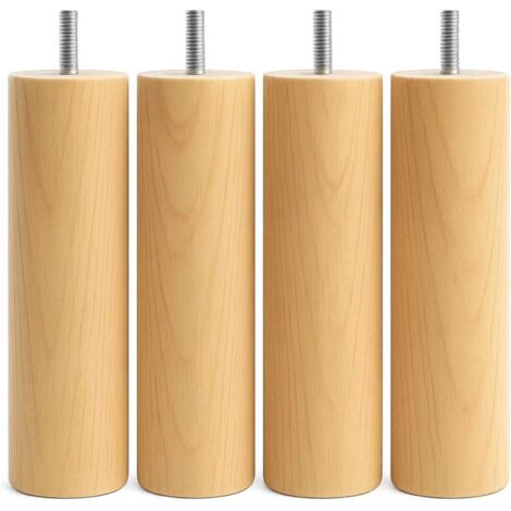 Lot de 4 - Pieds de lit - Sommier - Bois massif hêtre - Filetage M8 - Pour chambre à coucher - Naturel - 20x6 cm