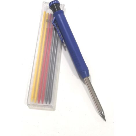 1 - Crayon De Charpentier - Taille-Crayon Intégré - Marquage Précis Sur Bois Et Béton - Avec 7 Recharges Et Clip De Poche - Bleu (1/3)