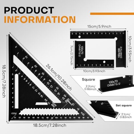 3pcs - Equerre Menuisier - Equerre Charpentier - Blocs Aluminium Anodisé 150x100cm et 100x70cm - Outil Mesure Précision 90 Degrés Pour Bois Et Metal - Noir (1/5)