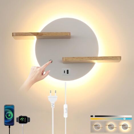 1 - Applique murale - Lampe de chevet - Port USB et Type-C - Intensité variable tactile avec étagère en bois pour salon chambre bureau Noir 16x7cm (1/5)