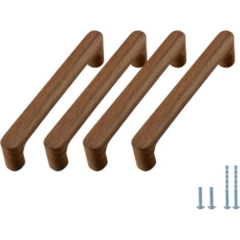 Lot de 4 - Poignée ronde - Bois de noyer - Pour tiroir et porte de cuisine - Design polyvalent - Installation facile - Naturel - 16 cm (1/5)