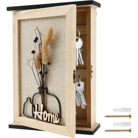 1 - Boîte à clés - Porte-clés mural - Rangement avec 6 crochets - Design fleurs séchées et bois - Pour entrée et salon - Marron - 20x6x27cm (1/5)
