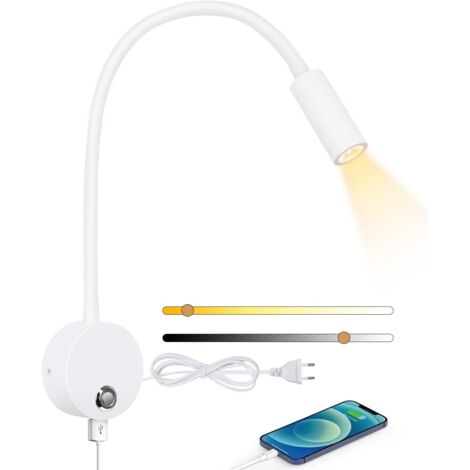 1 - Applique murale - Lampe de lecture - Intensité variable 3000 K-6000 K - Port USB 5 V/2 A - Col de cygne orientable 360 ° - Chambre à coucher - Noir - 3 W (1/5)
