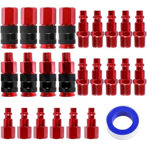25 Pièces - Raccord Rapide - Bouchon Air - Alliage Aluminium - Pour Compresseur Et Atelier - Rouge - 1/4 Pouces NPT (1/5)