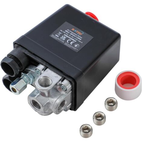1 - Pressostat - Compresseur d'air - 3 Ports Monophasé - Contrôle de Pompe 6-8 Bars - Atelier et Usine - Noir - G1/4"