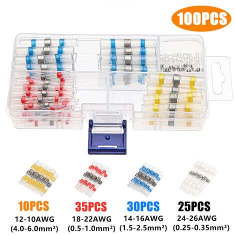 100 Pièces joint de soudure connecteur de fil isolés, 4 tailles 26-10 AWG connecteurs bout avec gaine thermorétractable, cosse electriques pour Automobiles Motos, rapport de rétraction 3:1