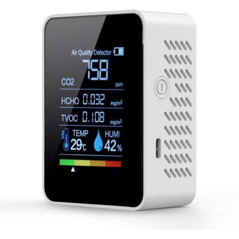 Moniteur de qualité de l'air intérieur 6 en 1 – Détecteur CO2, HCHO, COVT, température et humidité – Autonomie 20h – Pour espaces confinés
