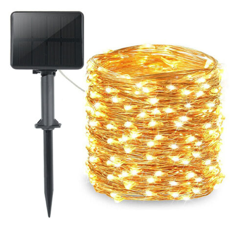 Guirlande lumineuse solaire, 10 m, 100 LED, fil de cuivre, 8 modes, minuterie, protection IP65, pour sapin de Noël, jardin, chambre, balcon, décoration intérieure/extérieure, blanc chaud