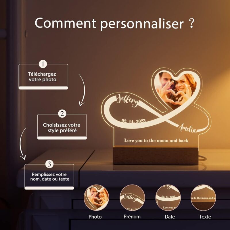 Veilleuse LED 3D En Acrylique Forme Cœur - Lampe De Chevet 3 Couleurs, USB, Cadeau Romantique - 9